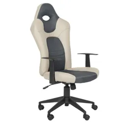 A beige and dark gray ergonomic office chair with a high back design, adjustable armrests, swivel base, and five casters for mobility.