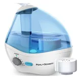 Pohl + Schmitt ultrasonic cool mist humidifier with adjustable mist output and a transparent blue water tank, accompanied by a white filter.