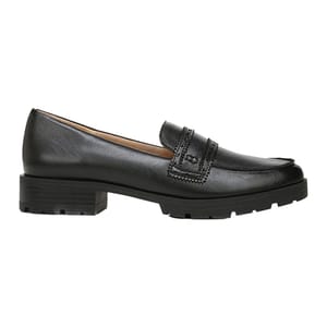 Black leather loafer with a low stacked heel and lug sole, featuring a decorative strap across the vamp with stitching details.