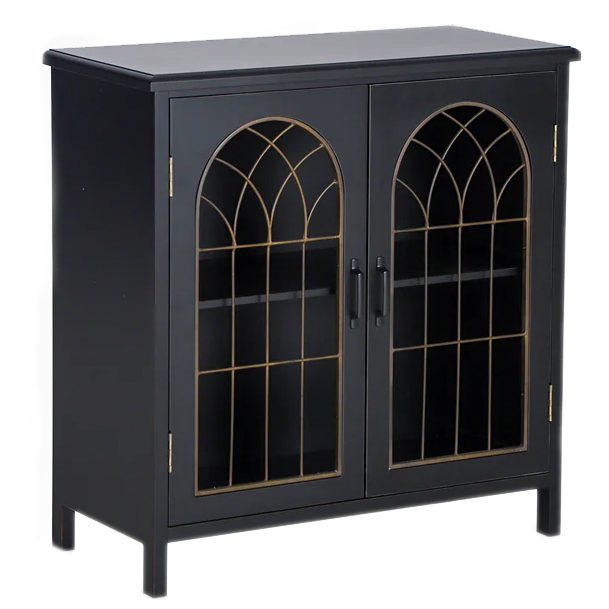 A black cabinet with double glass doors featuring arched grid designs and black handles.