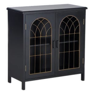 A black cabinet with double glass doors featuring arched grid designs and black handles.