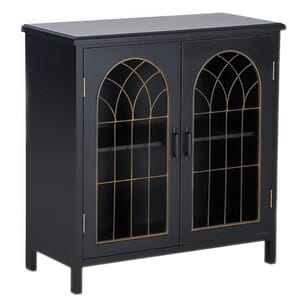A black cabinet with double glass doors featuring arched grid designs and black handles.