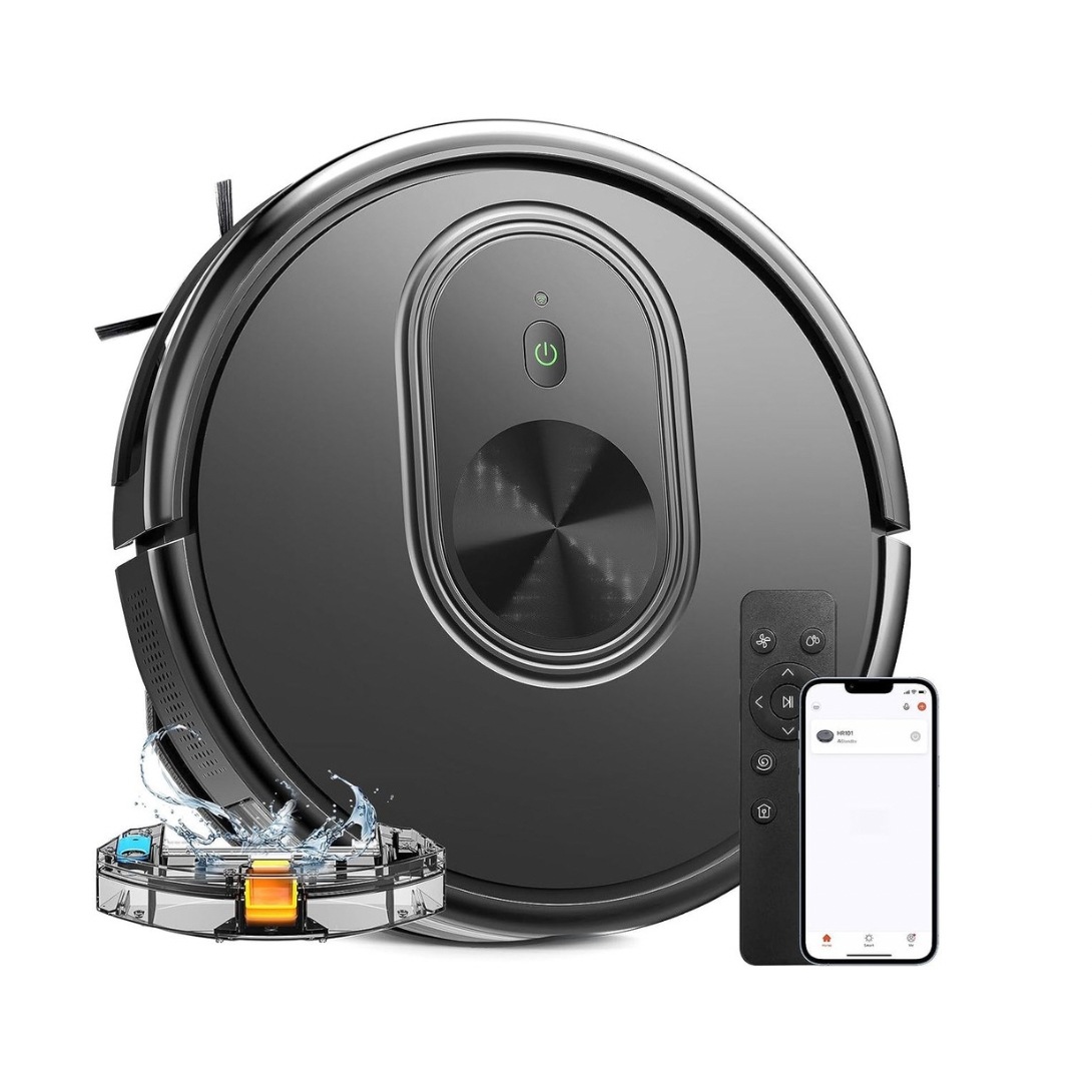 A round, black robot vacuum and mop with a sleek design, accompanied by a remote control and smartphone app for easy operation. The image also features a water tank indicating its mopping capability.