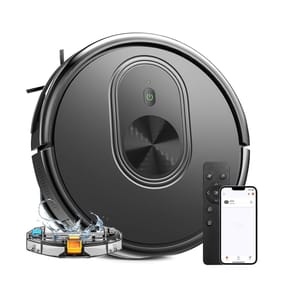 A round, black robot vacuum and mop with a sleek design, accompanied by a remote control and smartphone app for easy operation. The image also features a water tank indicating its mopping capability.