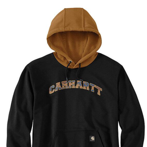 A black Carhartt midweight hoodie with a brown hood and \“Carhartt\“ in camo-style lettering across the chest. It has a front pocket and a small Carhartt logo tag.