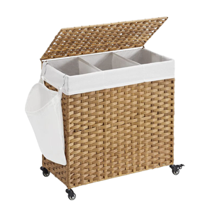 A brown woven laundry hamper with a white fabric liner, divided into three compartments. It features a hinged lid, side pocket, and wheels for easy mobility.