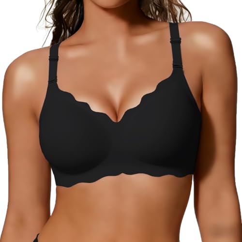 A black, seamless bra with scalloped edges and adjustable straps, designed for comfort and support.