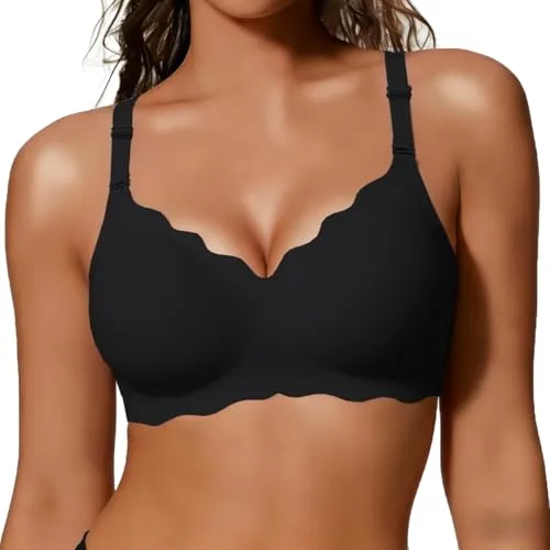 A black, seamless bra with scalloped edges and adjustable straps, designed for comfort and support.