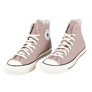 A pair of pink high-top Converse Chuck Taylor All Star sneakers with white rubber soles and laces, featuring the iconic circular logo on the ankle.