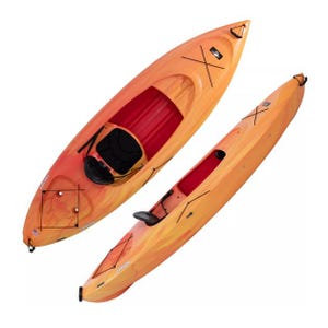 Two orange kayaks with black seats and one with an attached storage compartment.