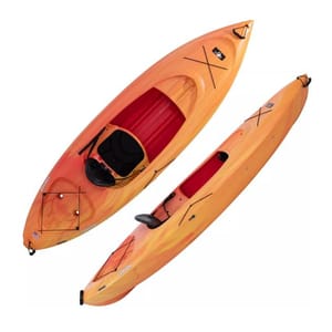 Two orange kayaks with black seats and one with an attached storage compartment.