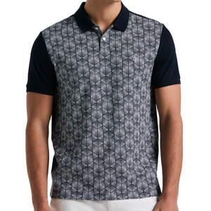A short-sleeve polo shirt featuring a geometric pattern on the front with solid dark sleeves and collar, paired with white pants.
