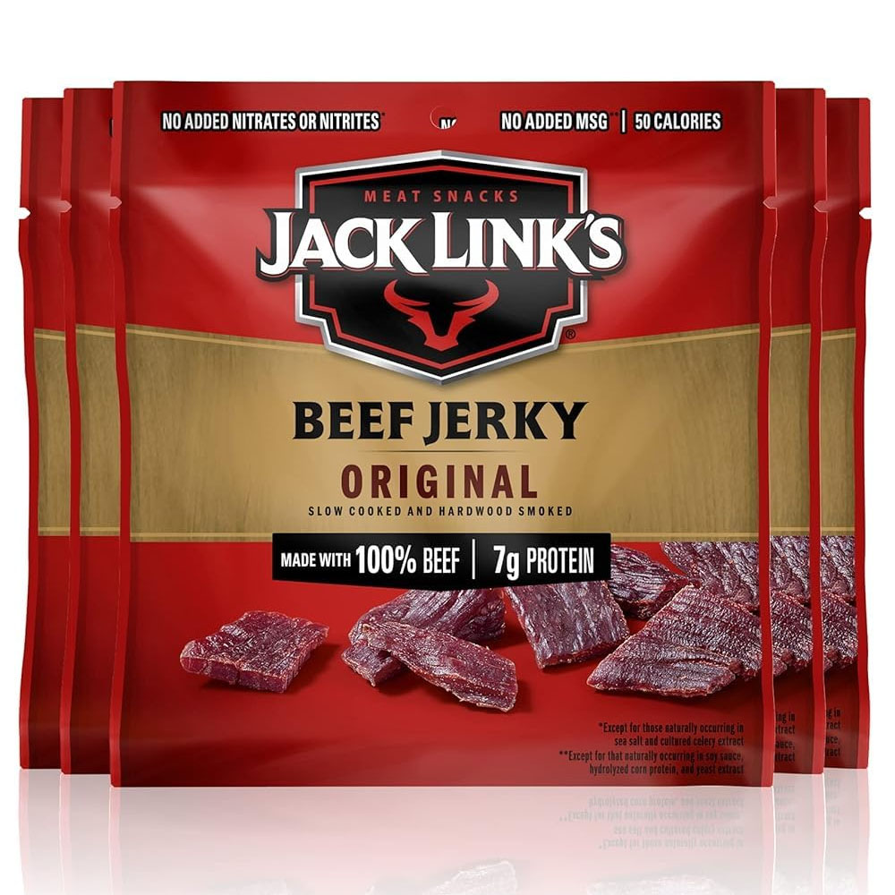Five bags of Jack Link's Original Beef Jerky are shown, featuring labels that highlight no added nitrates, nitrites, or MSG, with 50 calories, made with 100% beef, and offering 7g of protein per serving. The packaging is red and gold with an image of jerky pieces.