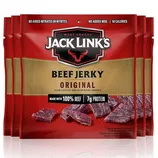 Five bags of Jack Link's Original Beef Jerky are shown, featuring labels that highlight no added nitrates, nitrites, or MSG, with 50 calories, made with 100% beef, and offering 7g of protein per serving. The packaging is red and gold with an image of jerky pieces.