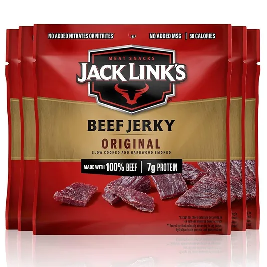Five bags of Jack Link's Original Beef Jerky are shown, featuring labels that highlight no added nitrates, nitrites, or MSG, with 50 calories, made with 100% beef, and offering 7g of protein per serving. The packaging is red and gold with an image of jerky pieces.