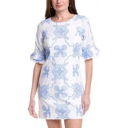 A white dress with blue floral patterns, featuring short ruffled sleeves and a round neckline.