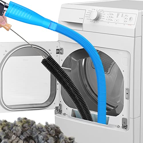 Dryer lint cleaning kit with a flexible hose and brush for removing lint from dryer vents and ducts, accompanied by a pile of lint.