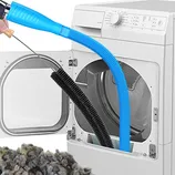 Dryer lint cleaning kit with a flexible hose and brush for removing lint from dryer vents and ducts, accompanied by a pile of lint.