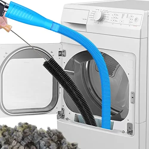 Dryer lint cleaning kit with a flexible hose and brush for removing lint from dryer vents and ducts, accompanied by a pile of lint.