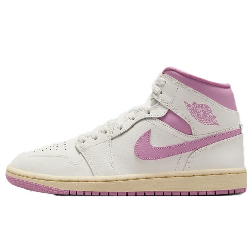 A white and pink high-top sneaker with a beige sole, featuring the Nike swoosh and Air Jordan wings logo in pink.