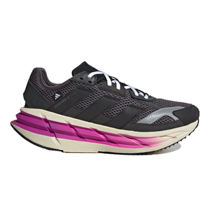 Adidas Women's Adistar 3 Shoes feature a black mesh upper with black accents, white laces, and a distinctive thick midsole in a gradient of cream to pink. Designed for comfort and performance.