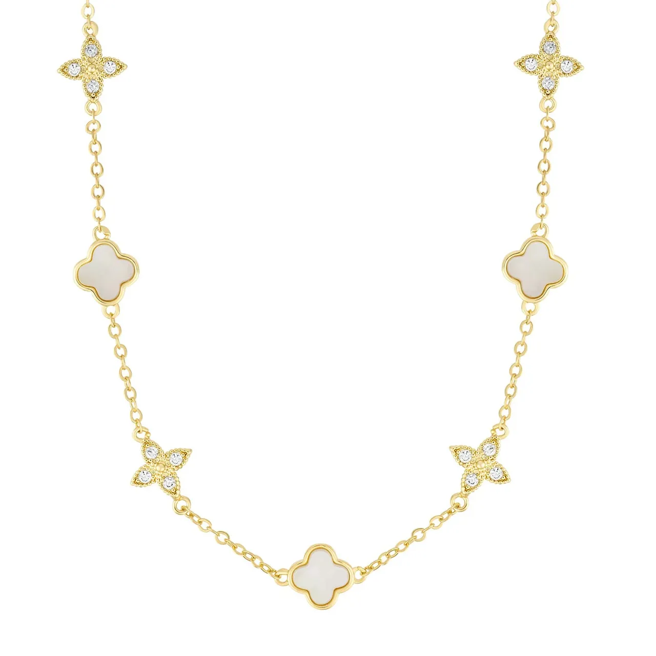 The Adornia Clover Station Necklace features gold chain links interspersed with white mother-of-pearl clover shapes and diamond-like accents in a floral motif. The design blends elegance and simplicity with a luxurious touch.