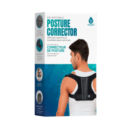 Adjustable posture corrector with support bar and breathable fabric, featuring braided belt and pull clasp. Package shows a person wearing the device.
