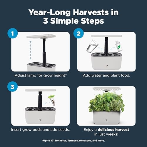 Year-round indoor gardening system with adjustable lamp, water, and plant food setup. Includes space for grow pods and seeds for herbs, lettuces, and more.