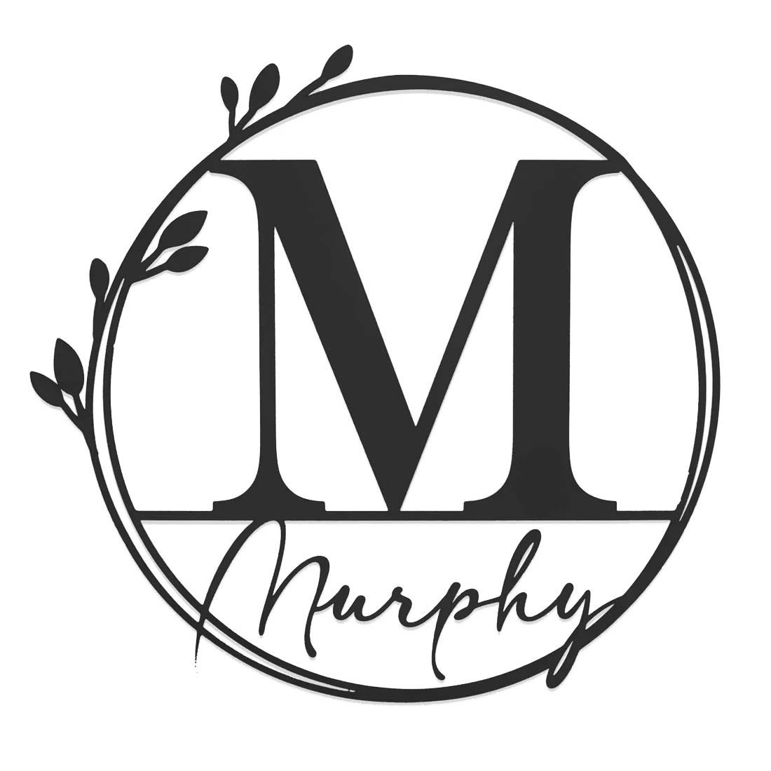 A monogram design featuring the letter \“M\“ in a large serif font, enclosed within a circle adorned with leaves, with the name \“Murphy\“ written in cursive across the bottom.