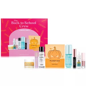 Back to School Crew set featuring skincare products including Pro Collagen Cleansing Balm, Tonymoly Plump-Kin Retinol Eye Patches, Th & Peptides Skin Booster, a hydrating mist, and various mini perfumes and serums.