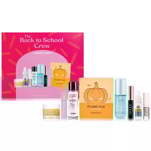 Back to School Crew set featuring skincare products including Pro Collagen Cleansing Balm, Tonymoly Plump-Kin Retinol Eye Patches, Th & Peptides Skin Booster, a hydrating mist, and various mini perfumes and serums.