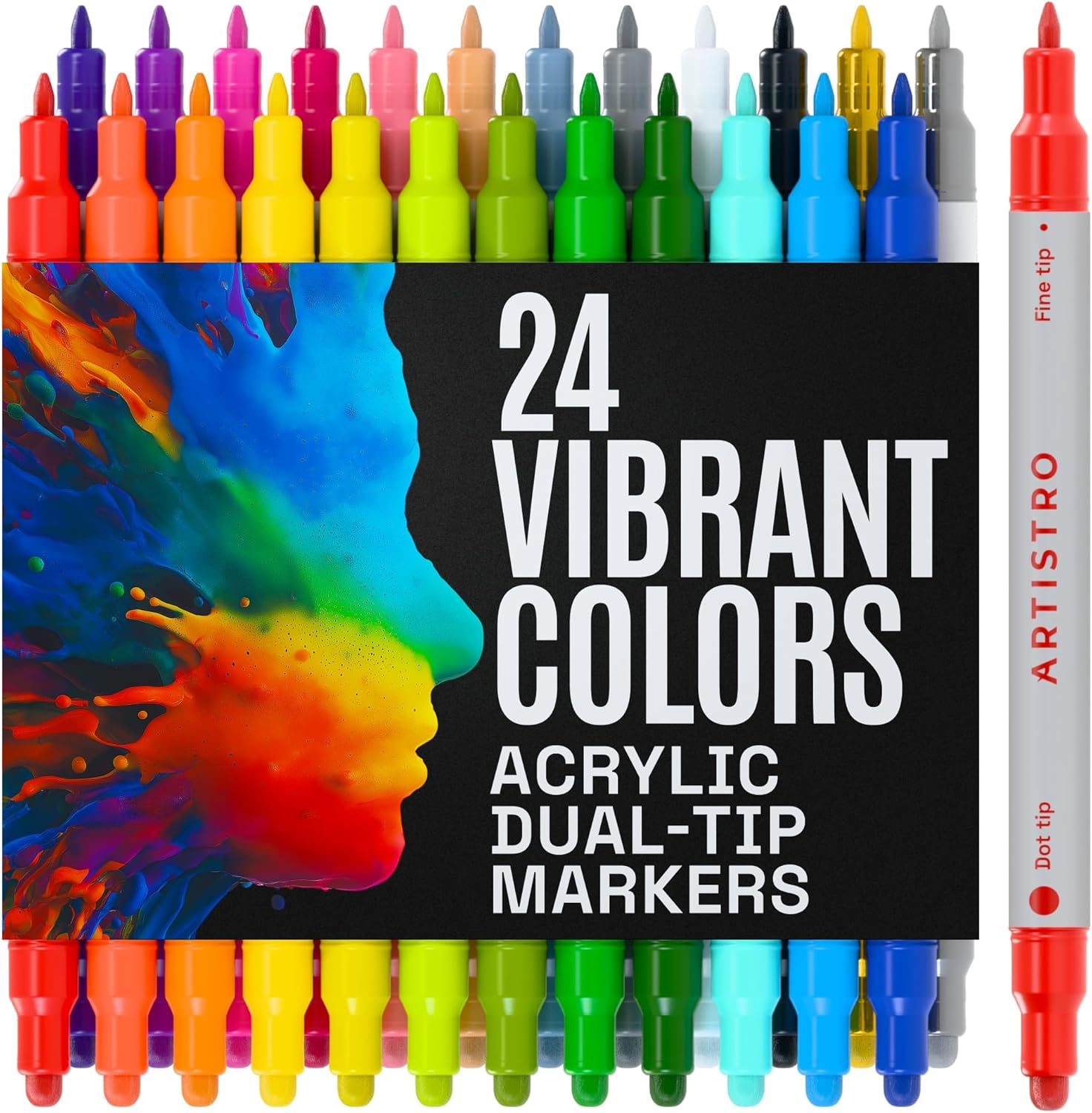 24 vibrant color acrylic dual-tip markers with fine and dot tips, designed for versatile use, displayed in a colorful package with a face silhouette.