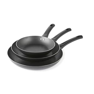 Three black non-stick frying pans in different sizes with handles.