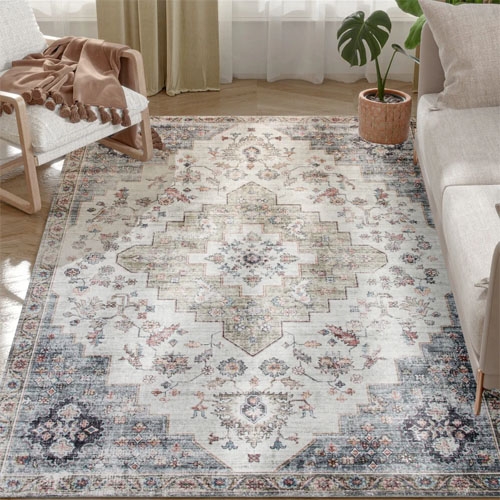 A decorative area rug with an intricate, multi-colored floral and geometric pattern, placed in a living room setting between a chair and a sofa.
