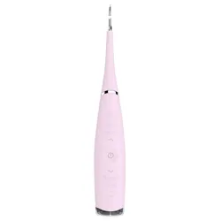 A pink electronic dental cleaning tool with a slim handle and pointed tip, featuring a power button and control buttons on its body.