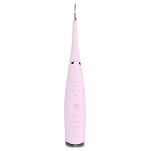 A pink electronic dental cleaning tool with a slim handle and pointed tip, featuring a power button and control buttons on its body.