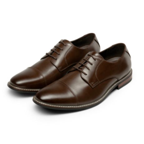Brown leather Oxford shoes with cap toe design and lace-up closure.