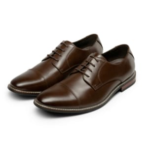 Brown leather Oxford shoes with cap toe design and lace-up closure.