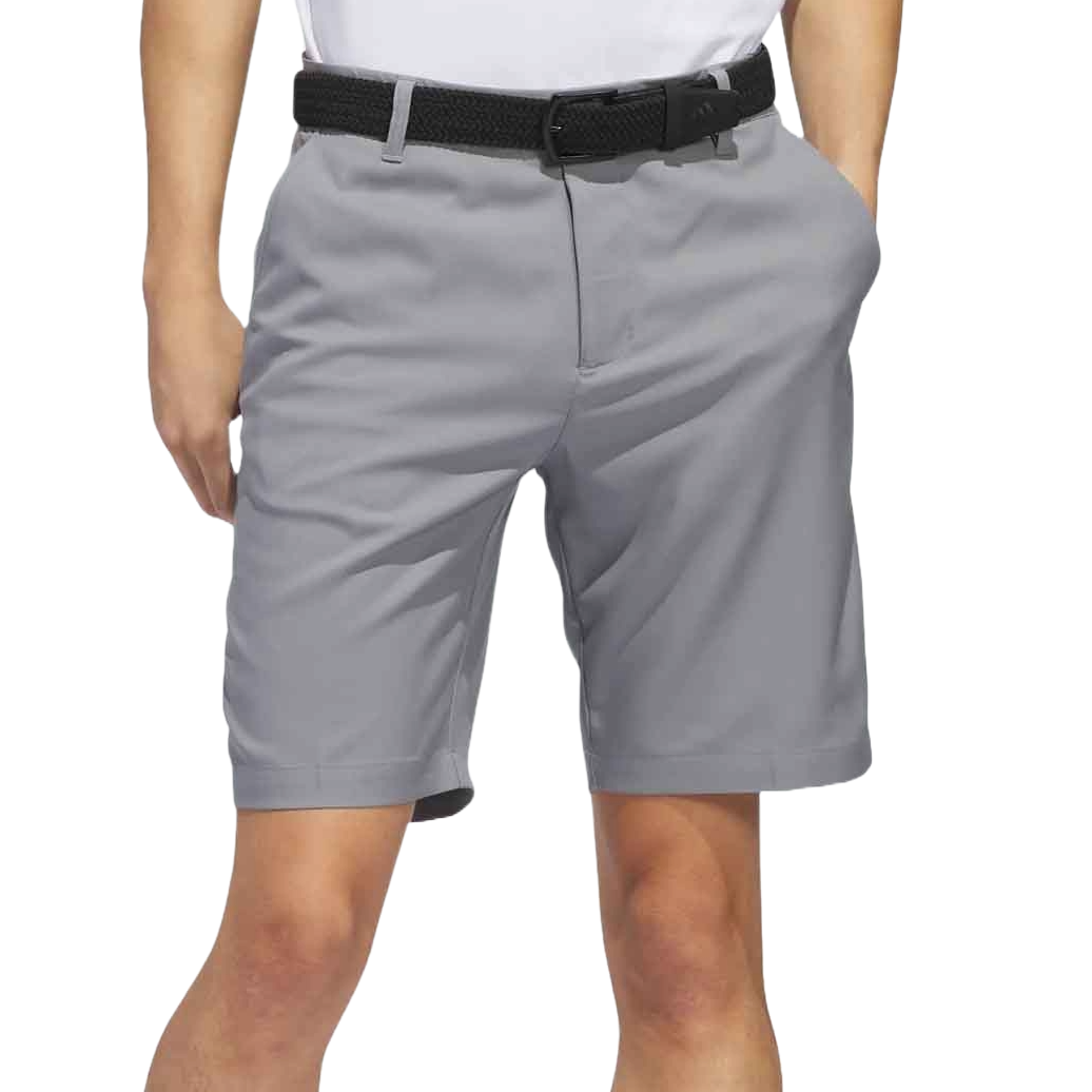 Gray knee-length shorts with a black woven belt, worn by a person in a white shirt.