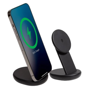 A wireless charging stand with a smartphone, showing it is 100% charged. The stand has a sleek, minimalist black design.