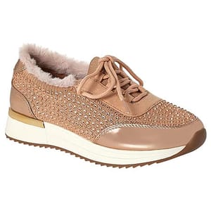 Kenneth Cole Cari Faux Fur Sneakers feature a knitted design with shiny accents, lace-up closure, faux fur lining, metallic heel detail, and a cushioned sole, combining style and comfort.