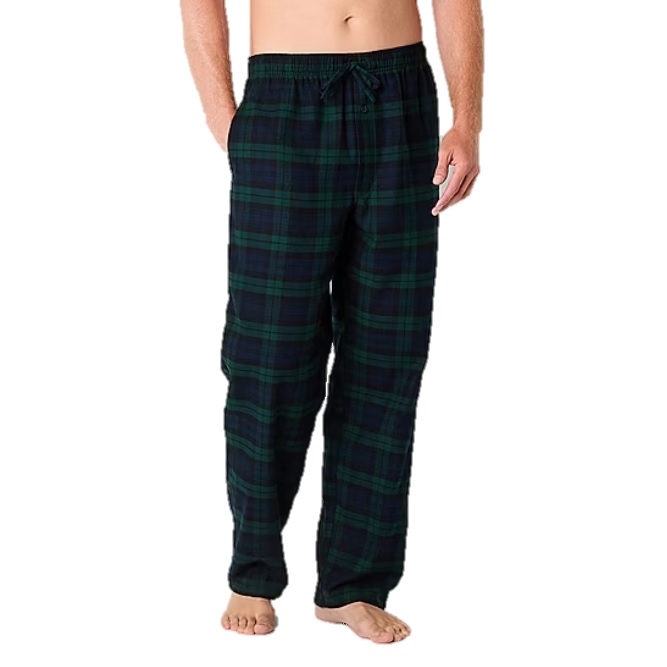 Navy and green plaid flannel pajama pants with an elastic waistband and drawstring, designed for comfort with a relaxed fit.