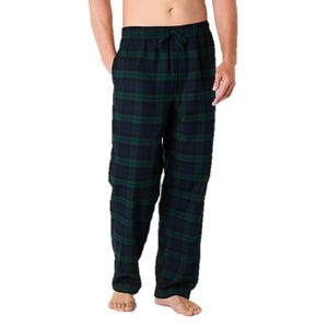 Navy and green plaid flannel pajama pants with an elastic waistband and drawstring, designed for comfort with a relaxed fit.