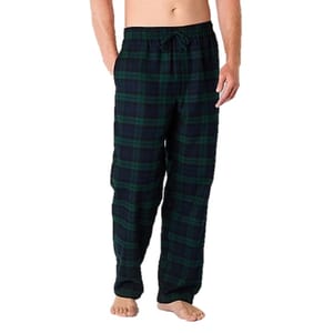 Navy and green plaid flannel pajama pants with an elastic waistband and drawstring, designed for comfort with a relaxed fit.