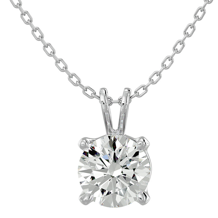 A silver necklace features a 1-carat round-cut moissanite stone set in a classic prong setting, suspended from a delicate chain. The offer includes matching moissanite stud earrings.