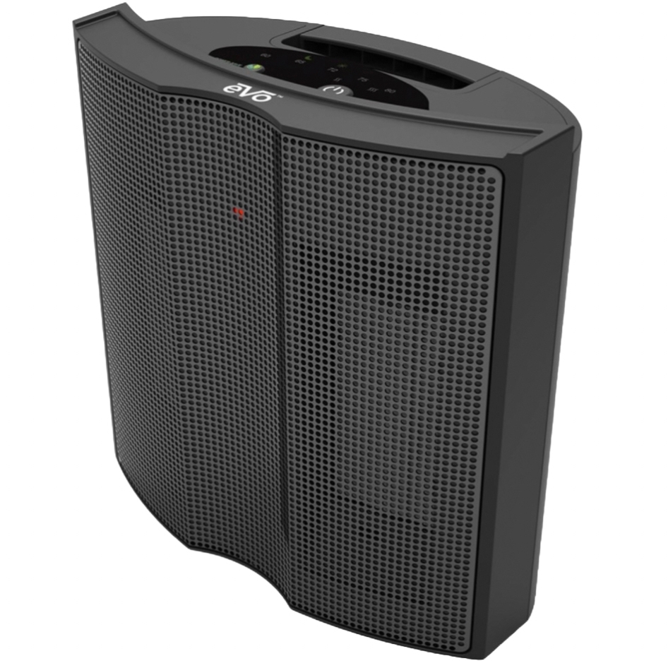 A black, freestanding electric space heater with a digital control panel at the top, featuring a mesh front and the brand name \“Evo\“.