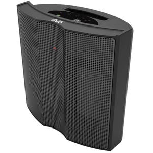 A black, freestanding electric space heater with a digital control panel at the top, featuring a mesh front and the brand name \“Evo\“.