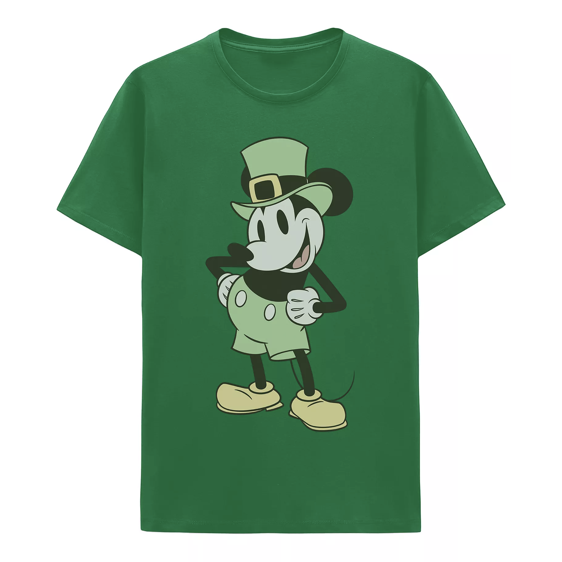 Green t-shirt featuring a character wearing a leprechaun hat and shoes, styled in a classic cartoon design.