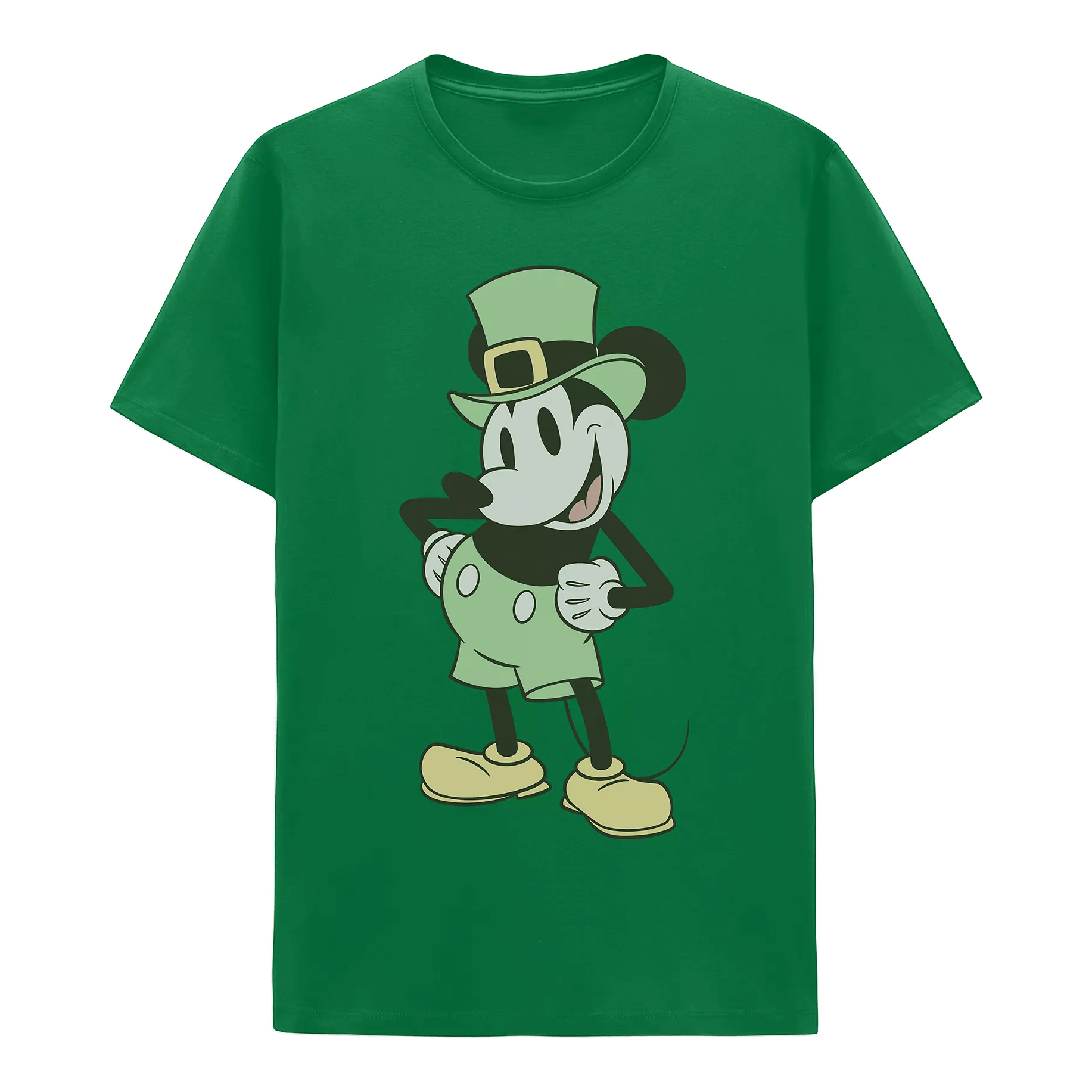 Green t-shirt featuring a character wearing a leprechaun hat and shoes, styled in a classic cartoon design.