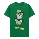 Green t-shirt featuring a character wearing a leprechaun hat and shoes, styled in a classic cartoon design.